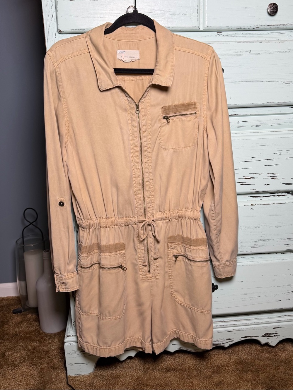 Anthropologie Tan Utility Drawstring Jumpsuit Romper, size medium.
